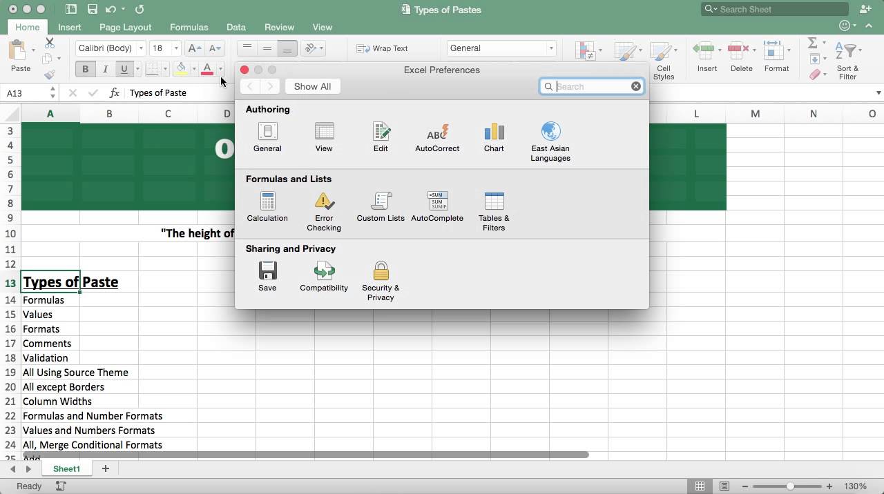 option tab for excel in mac